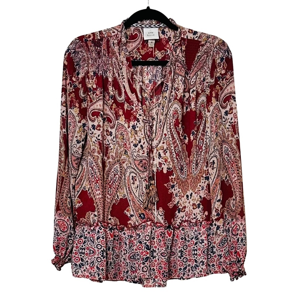Knox Rose Boho Peasant Blouse Red Paisley Ruffle Hem Long Sleeve Top Sz Medium